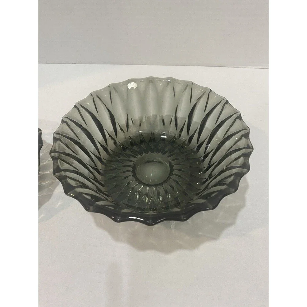 Vintage 2 Libbey Smoke Glass Serving Bowl 8” & 6” Diamond Scroll MCM Replacement